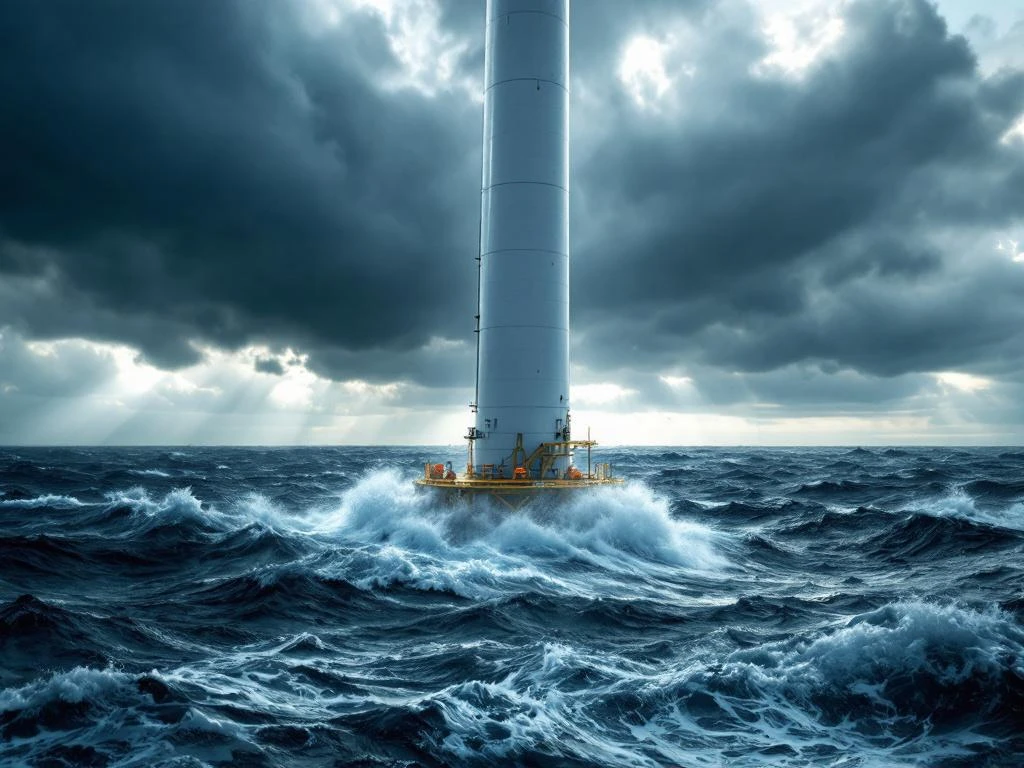 Offshore windturbine in stormachtige zee met onderhoudsplatform en veiligheidsuitrusting onder donkere wolken