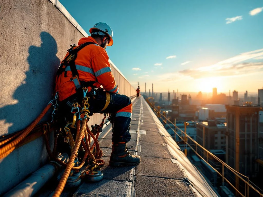 Bouwvakker in oranje veiligheidskleding met valbeveiliging op industrieel dak met hekwerk en ankers bij zonsondergang