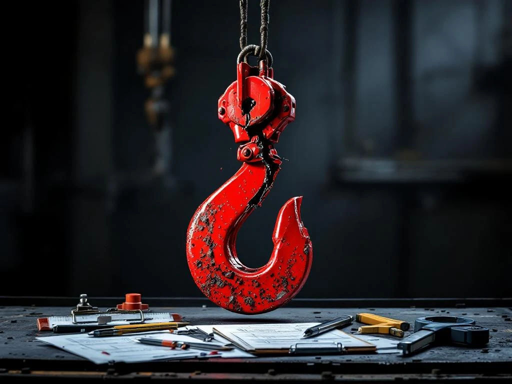 Beschadigde rode kraanhaak met scheur en roestplekken boven veiligheidsinspectie-apparatuur op metalen oppervlak