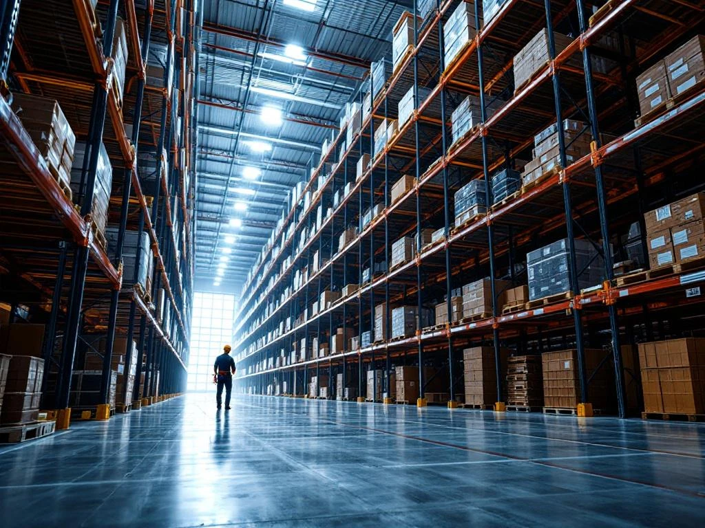 Magazijn met industriële stellingkasten en prominente valbeveiliging apparatuur, werknemers op verhoogde platforms zichtbaar