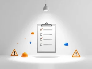 Digitaal klembord met checkboxes omringd door veiligheidspictogrammen zoals helmen en waarschuwingsdriehoeken