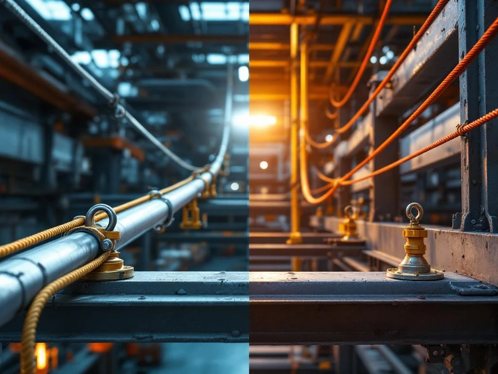 Vergelijking van rechte statische en gebogen dynamische industriële veiligheidslijnsystemen op stalen constructies