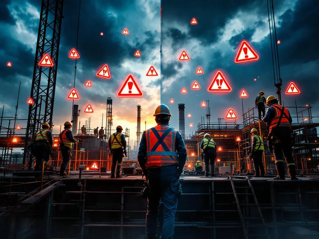 Bouwplaats met arbeiders op steigers toont contrast tussen onveilige en veilige werkomstandigheden met waarschuwingssymbolen