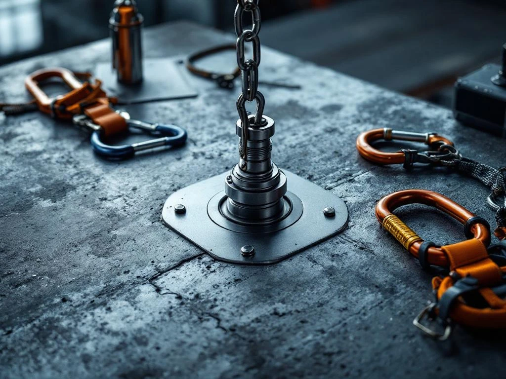 Industrieel ankerpoint systeem op beton met veiligheidsuitrusting en EN 795 certificeringsdocumenten