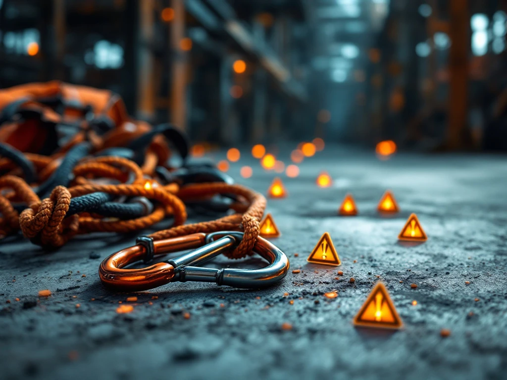 Beschadigde veiligheidsharnas met gebroken karabijnhaak op beton, waarschuwingssymbolen gloeien amber op bouwplaats