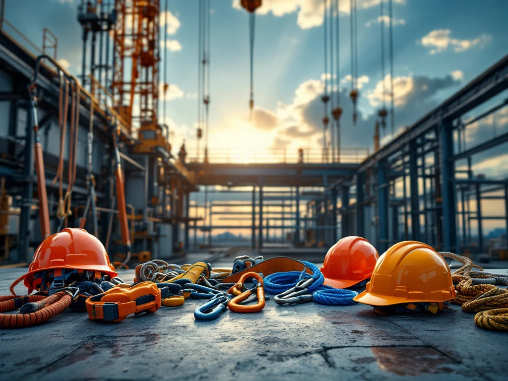 Industriële veiligheidsuitrusting met helmen, harnas en klimmateriaal op betonnen ondergrond bij stalen constructie