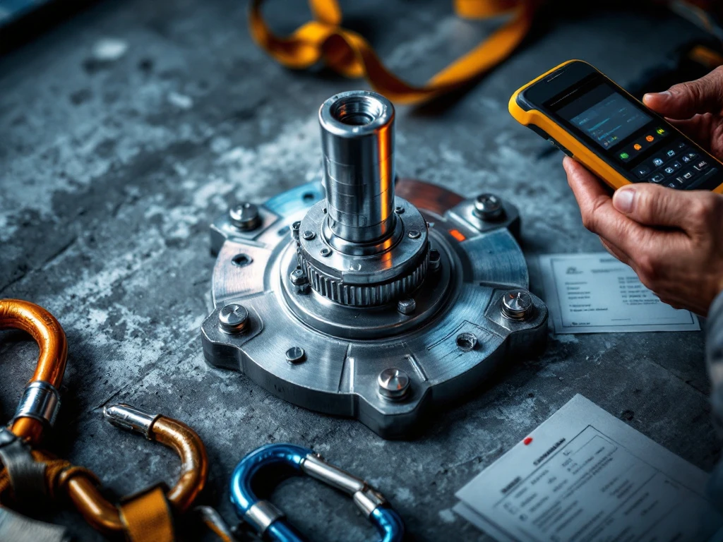 Industrieel ankerpunt op beton met inspecteur die digitaal apparaat vasthoudt voor veiligheidsinspectie