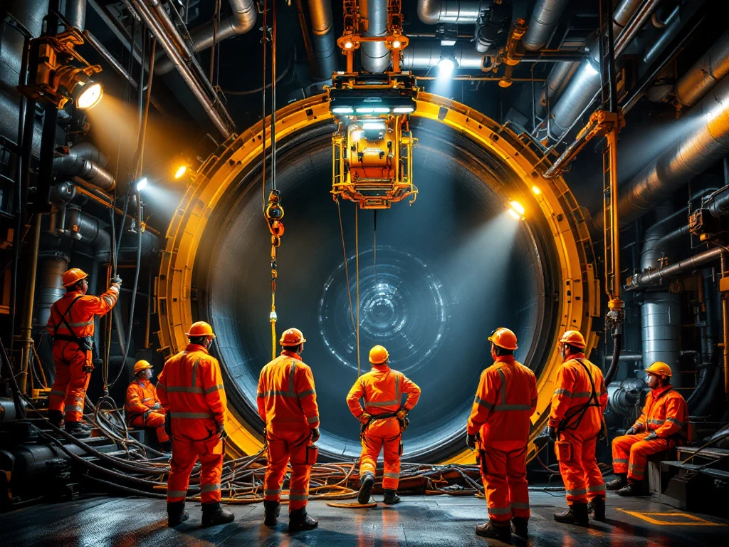 Industriële werknemers in veiligheidspakken voeren reddingsoperatie uit bij cilindervormige tank met professionele uitrusting