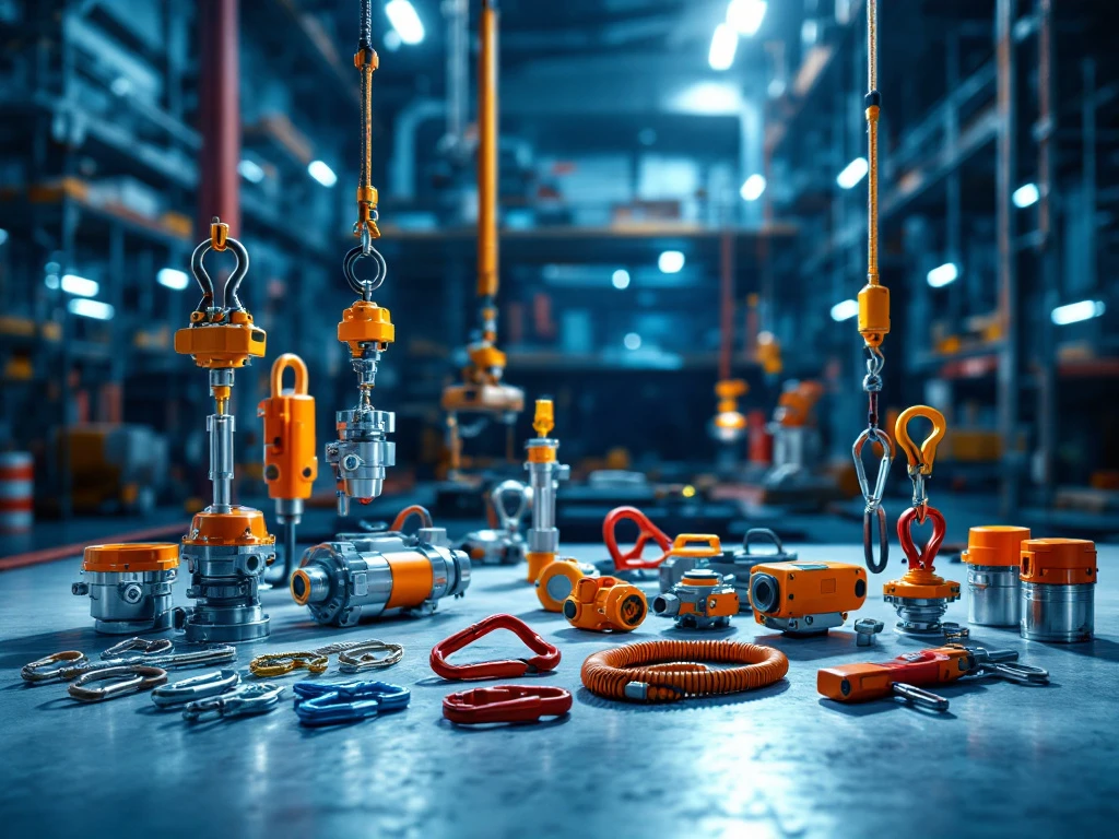 Professionele reddingsapparatuur voor hoogtewerk met hijssystemen, harnassen en karabiners op industriële werkplek
