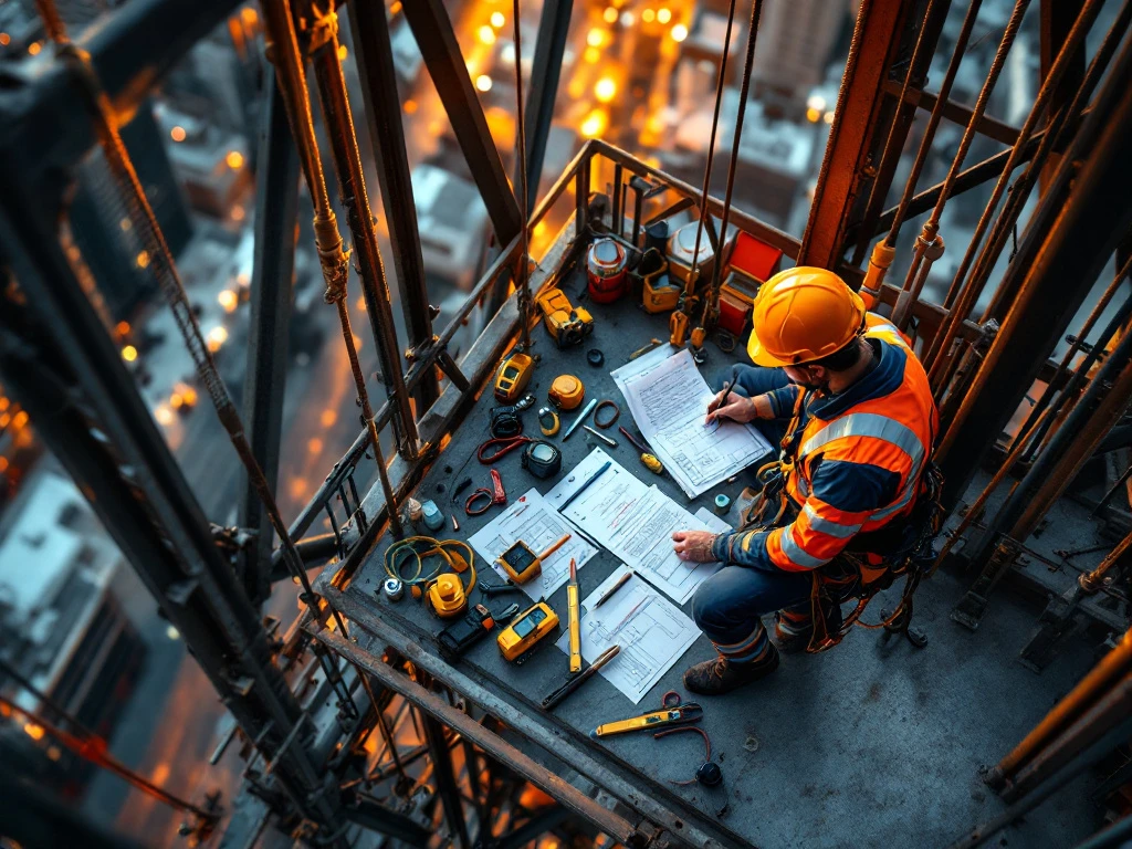 Bouwvakker in veiligheidspak voert risicoanalyse uit op hoge industriële constructie met veiligheidsuitrusting