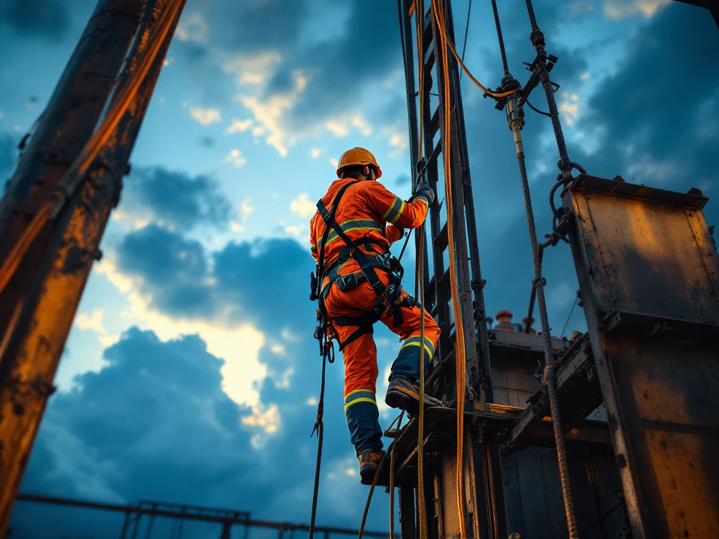 Industriële onderhoudsmedewerker in veiligheidsuitrusting werkt op hoogte aan metalen apparatuur met valbeveiligingsharnas.