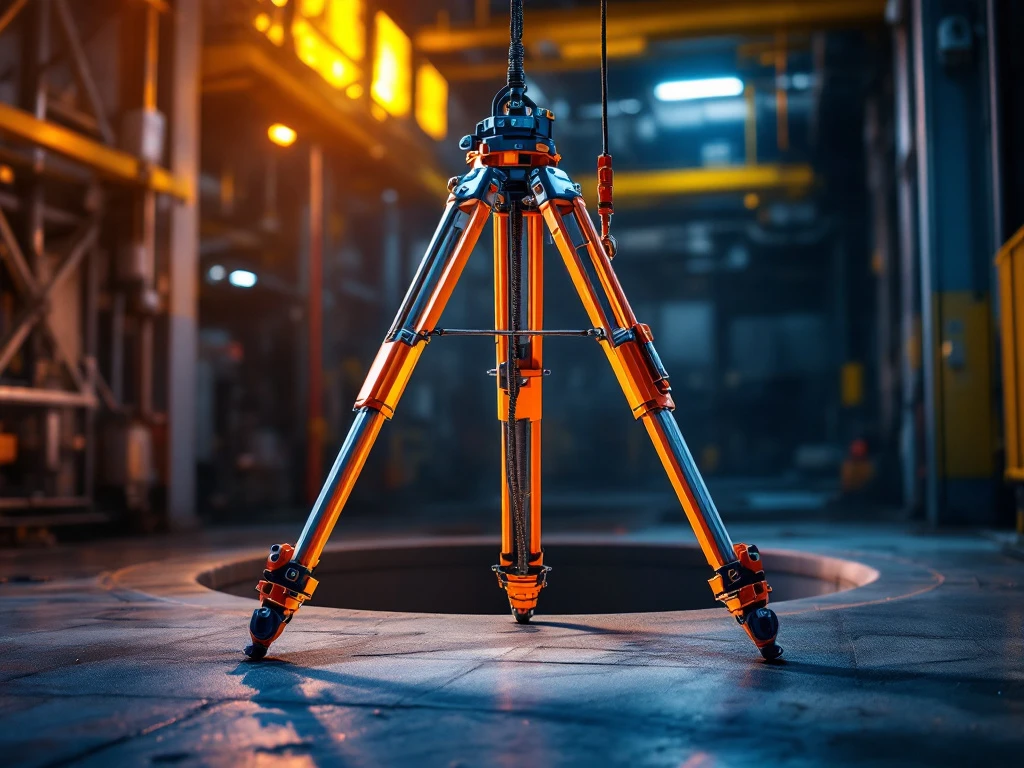 Industriële tripod reddingssysteem bij confined space opening met veiligheidsuitrusting en hijstakels