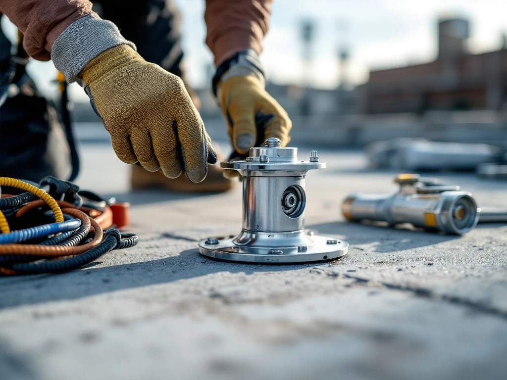 Professionele installatie van mobiel ankerpunt op betonnen dak met veiligheidsuitrusting en gereedschap