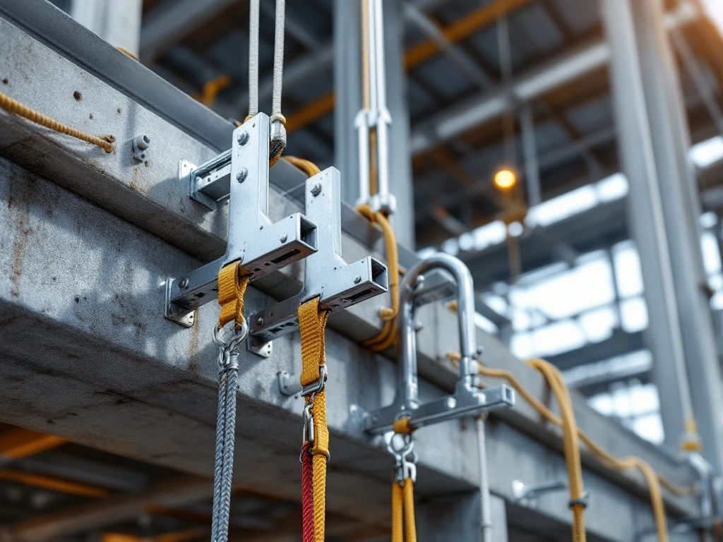 Permanente valbeveiliging op industriële bouw met stalen ankers, lifelines en veiligheidsharnas op dak en balken