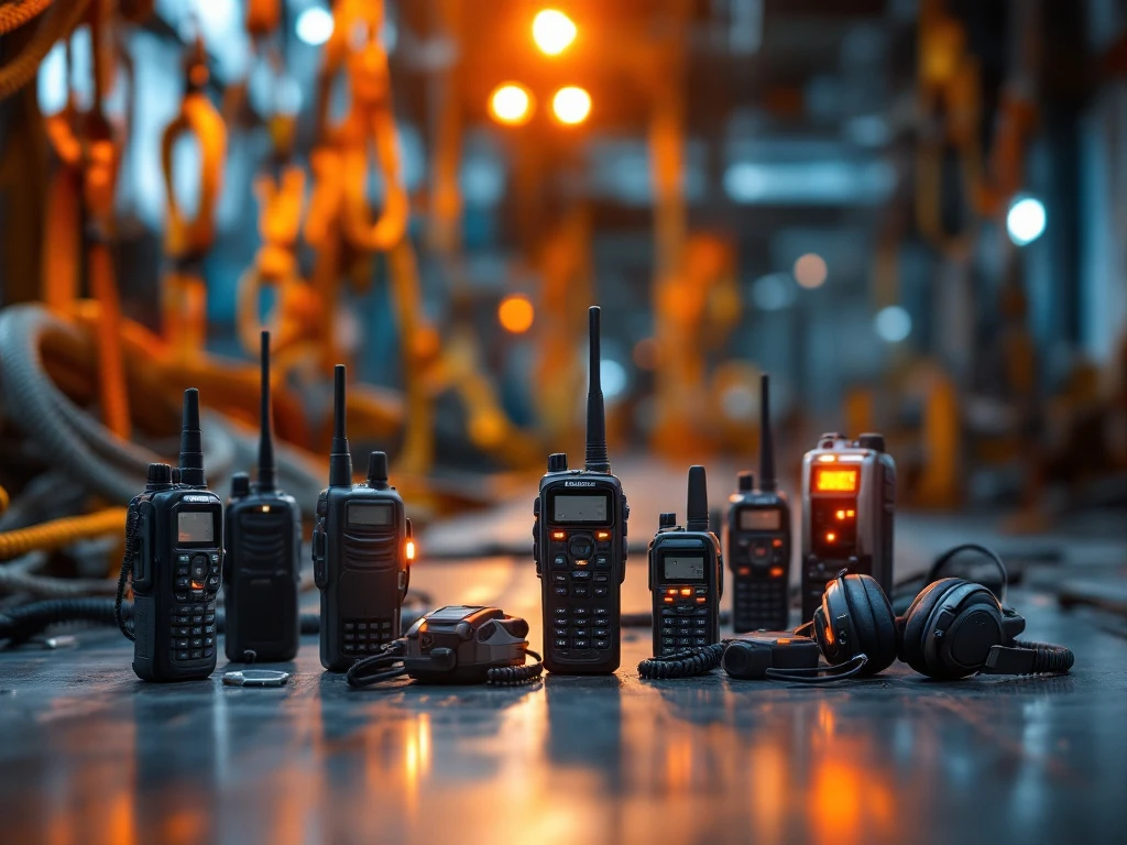 Professionele reddingscommunicatieapparatuur met portofoons en headsets op metalen oppervlak met veiligheidsharnas op achtergrond