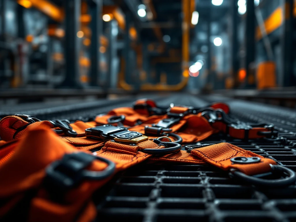Professionele oranje en zwarte veiligheidsharnas voor besloten ruimtes op industrieel metalen rooster met D-ringen en gespen