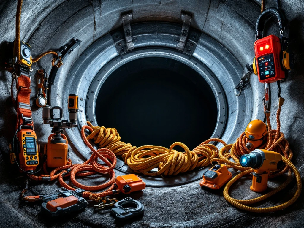 Professionele reddingsuitrusting rond mangat: gasdetectors, touwen, harnassen en noodverlichting voor confined space rescue