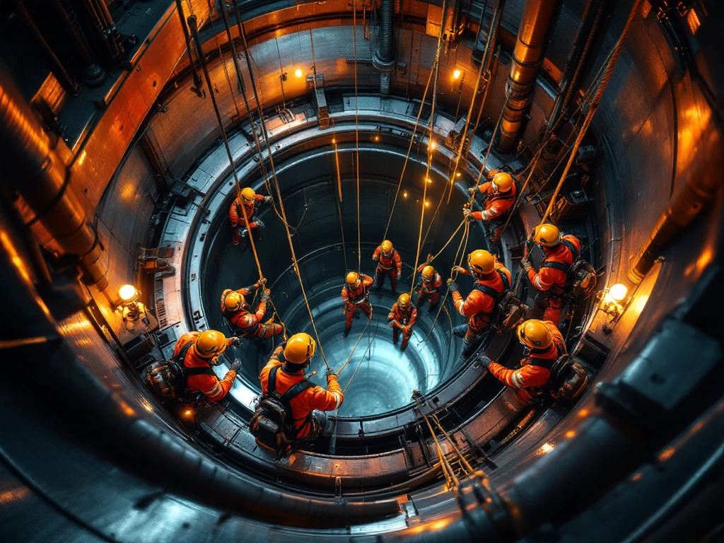 Professionele reddingsteams in veiligheidspakken trainen redding uit industriële tank met touwen en uitrusting