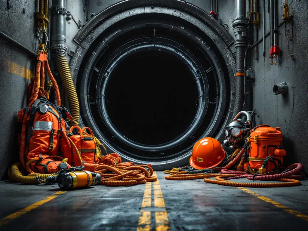 Industriële tank met open luik en reddingsuitrusting voor confined space training, oranje veiligheidsapparatuur zichtbaar
