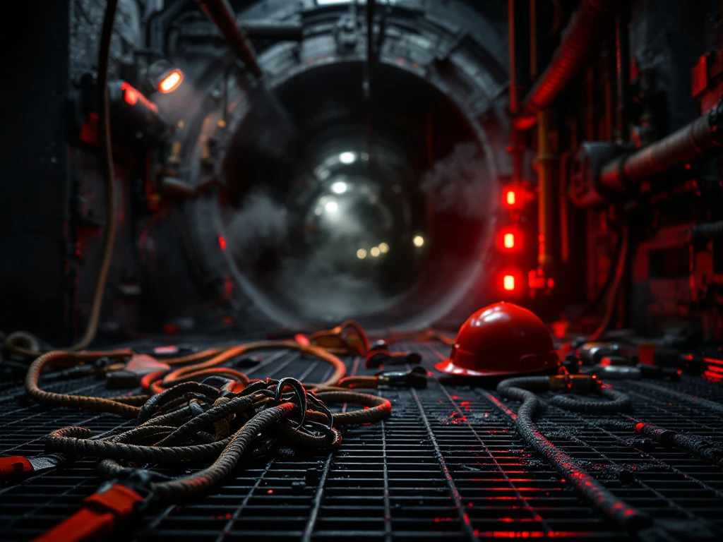 Beschadigde reddingsuitrusting en veiligheidskoorden in donkere industriële ruimte met rode waarschuwingslichten