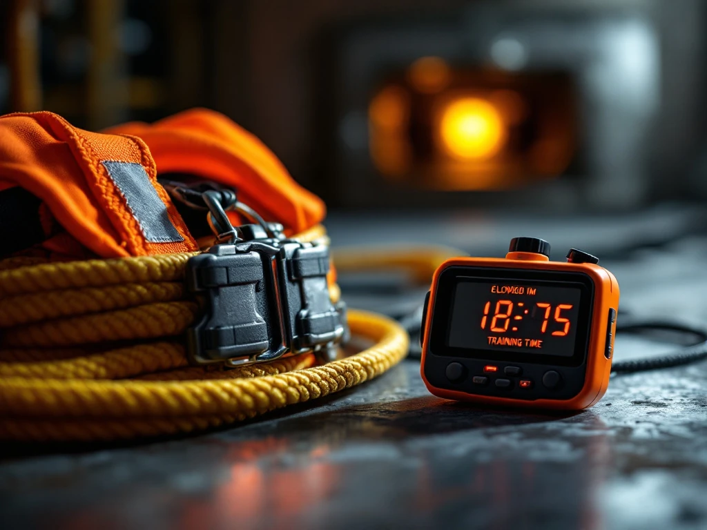 Professionele reddingsuitrusting: oranje veiligheidsharnas, touw en stopwatch op metalen oppervlak voor reddingstraining