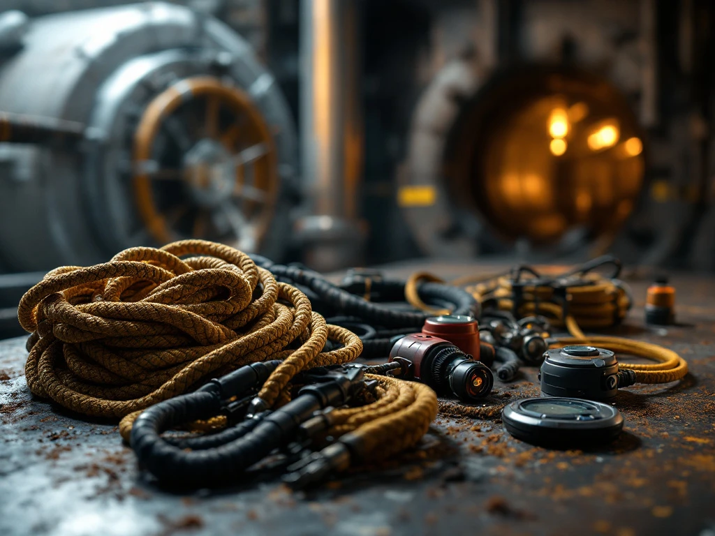 Professionele reddingsuitrusting zoals touwen, harnassen en gasdetectors op metalen oppervlak bij industriële ruimte-ingang.