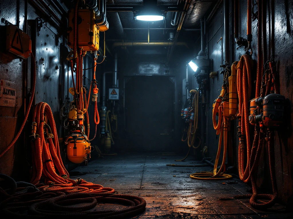 Reddingsuitrusting met oranje touwen en ademhalingsapparatuur in donkere industriële ruimte met veiligheidslichten