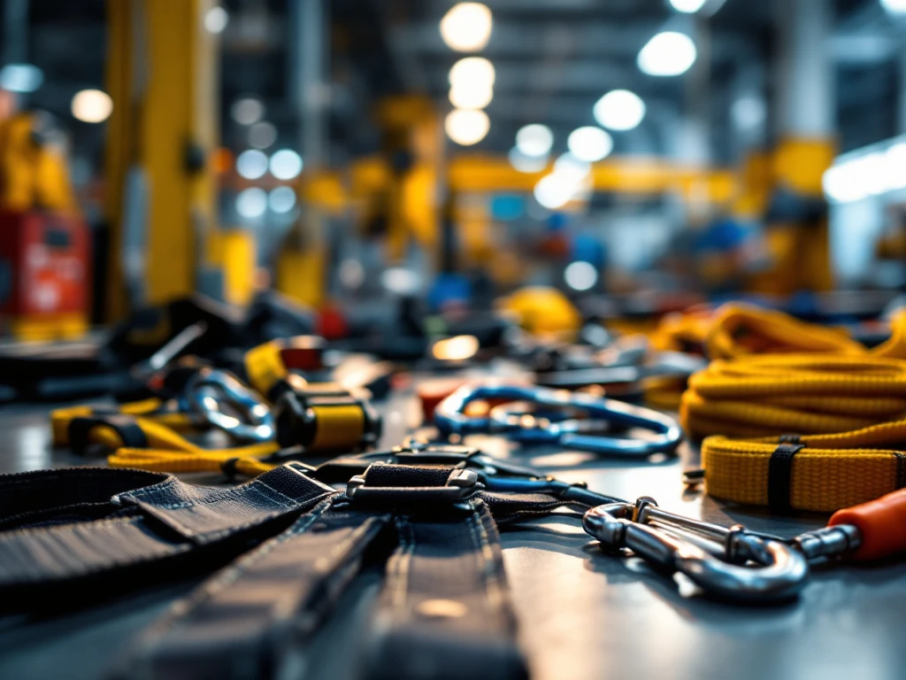 Professionele valbeveiliging uitrusting op werkbank met harnas, karabiners en inspectietools in industriële werkplaats