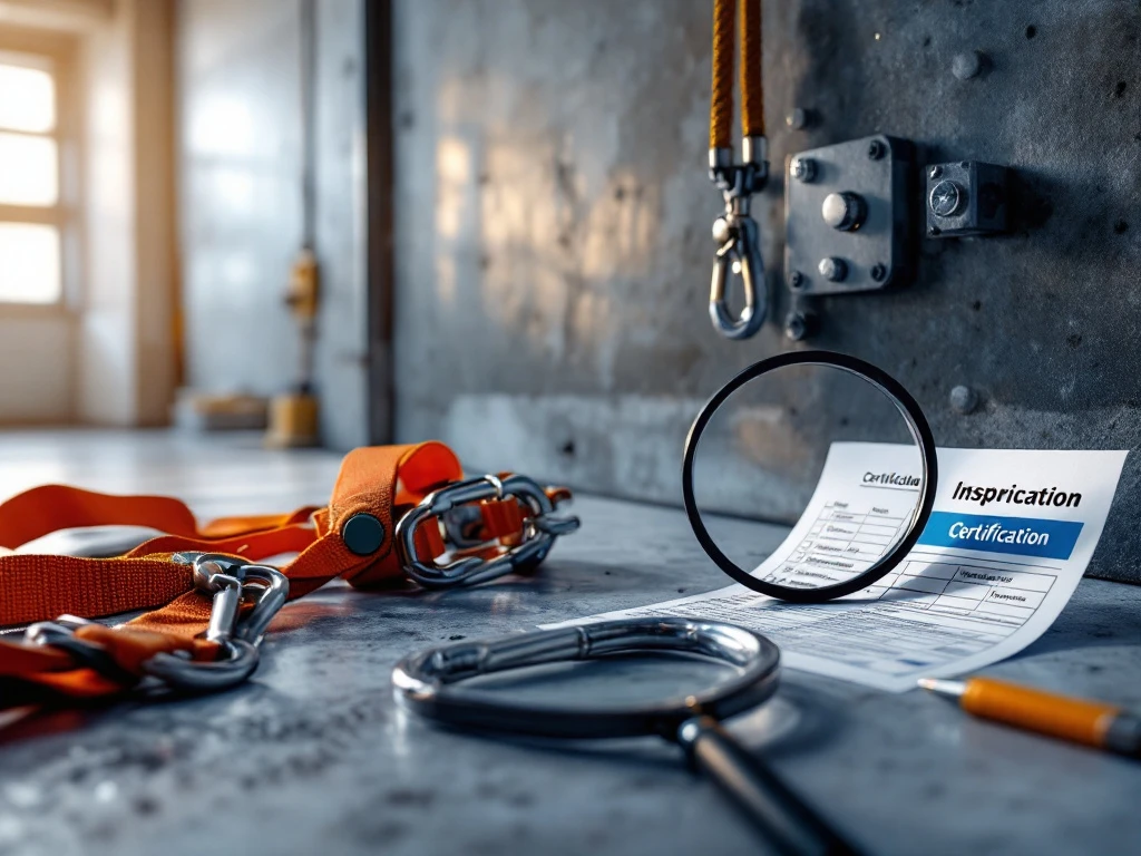 Veiligheidsharnas met oranje riemen, karabijnhaak en inspectiechecklist op industriële ondergrond voor hoogteveiligheid