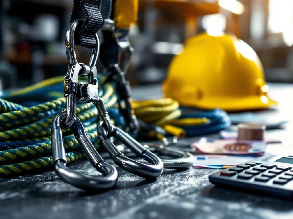 Professionele veiligheidsuitrusting met harnas, karabiners, helm en touwen op industriële ondergrond met rekenmachine