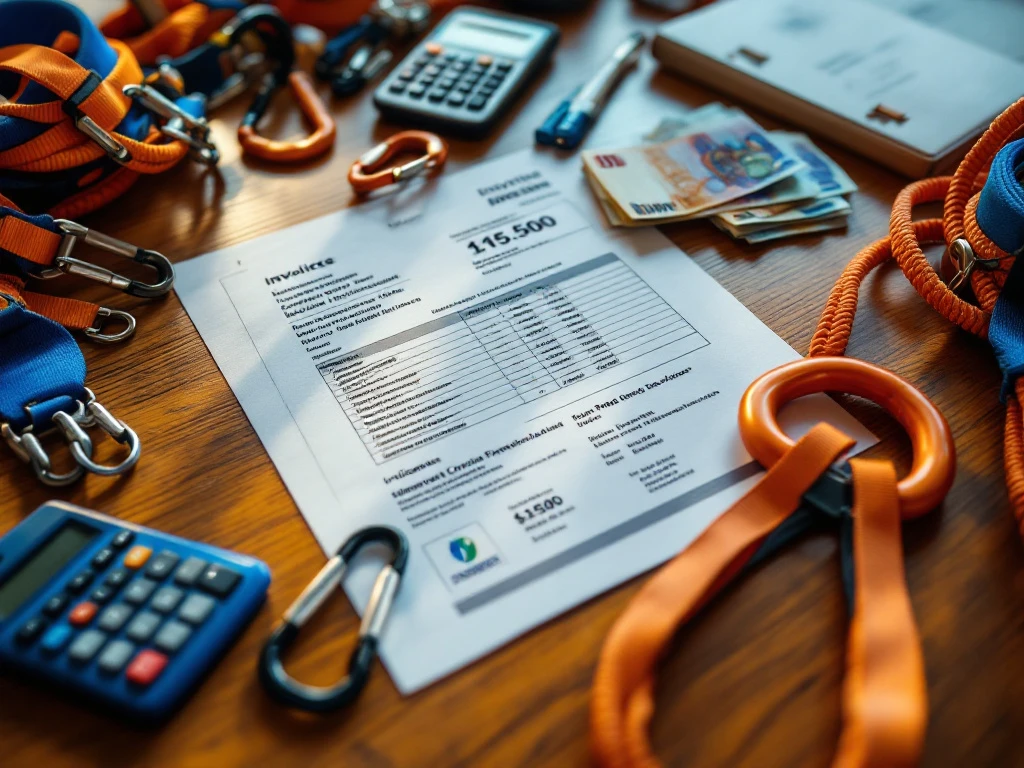 Werkplek met veiligheidsuitrusting kostenanalyse: rekenmachine, euro bankbiljetten, facturen en valbeveiliging op houten bureau