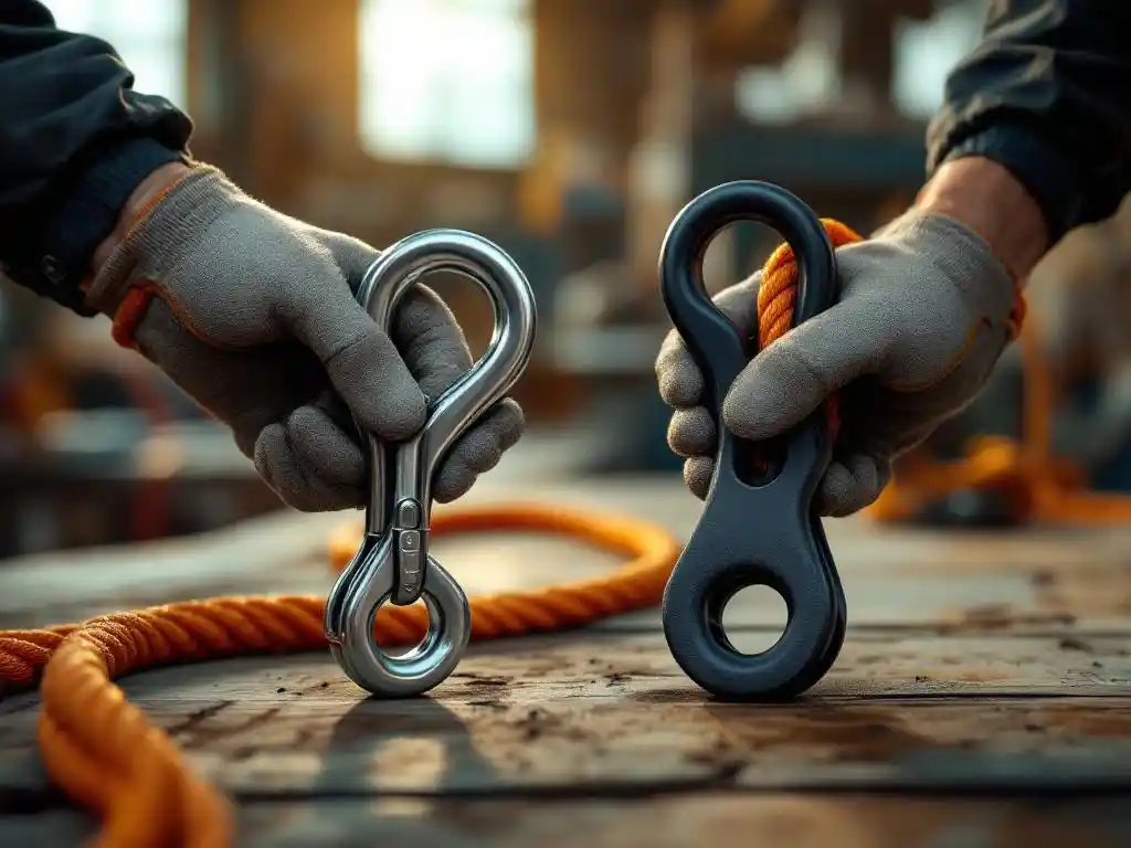 Gehandschoende handen van reddingswerker vergelijken chrome zelfblokkerend afdalapparaat met zwarte acht-knoop op houten werkbank met oranje reddingstouw
