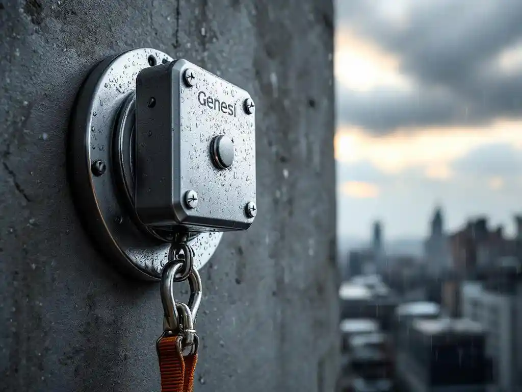 Roestvrij stalen Genesi ankerpunt gemonteerd op betonnen gebouwgevel met regendruppels en veiligheidsclips