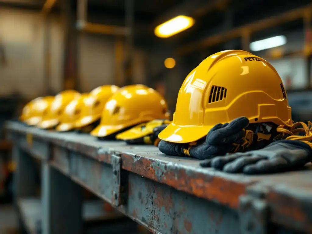 Gele Petzl veiligheidshelmen op verweerde werkbank met handschoenen en veiligheidsharnassen in industriële werkplaats