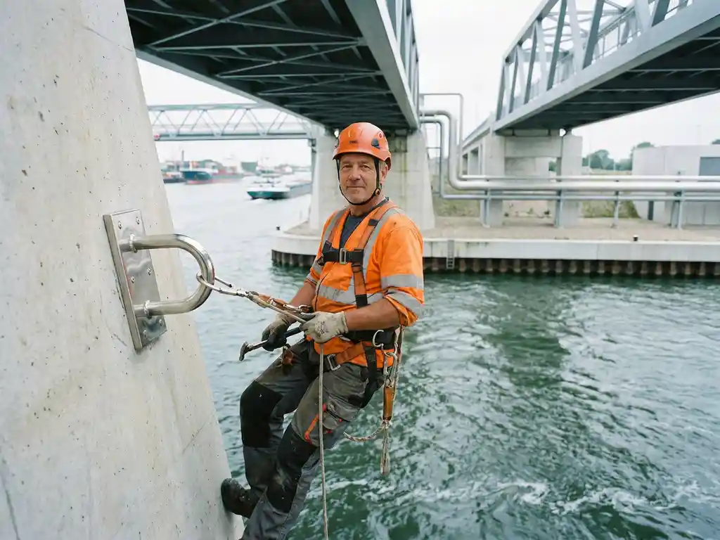Bouwvakker in oranje veiligheidskleding bevestigd aan stalen ankeringspunt op betonnen brug boven stromend water