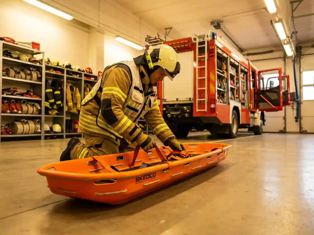 Brandweerman in volledige uitrusting inspecteert oranje Skedco reddingsbrancard in moderne brandweerkazerne met rode brandweerauto op achtergrond