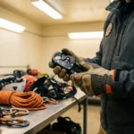 reddingsapparatuur-afdaaltoestel-veiligheidsequipment-professioneel.jpg Reddingstechnicus onderzoekt zwarte CMC Pro afdaaluitrusting in handschoenen, met touwen en veiligheidsmateriaal op werkbank