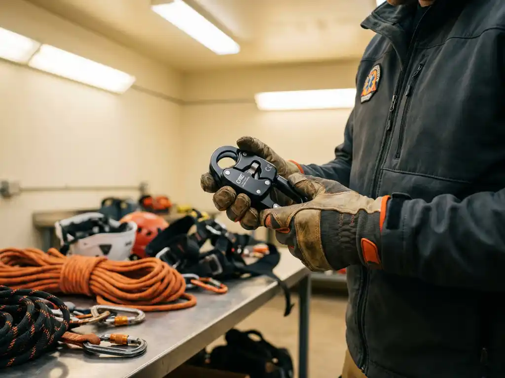 Reddingstechnicus onderzoekt zwarte CMC Pro afdaaluitrusting in handschoenen, met touwen en veiligheidsmateriaal op werkbank
