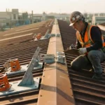 dak-anker-systemen-veiligheid-inspectie-genesi.jpg Bouwvakker in veiligheidsuitrusting inspecteert verschillende Genesi dakverankeringssystemen op industrieel dak