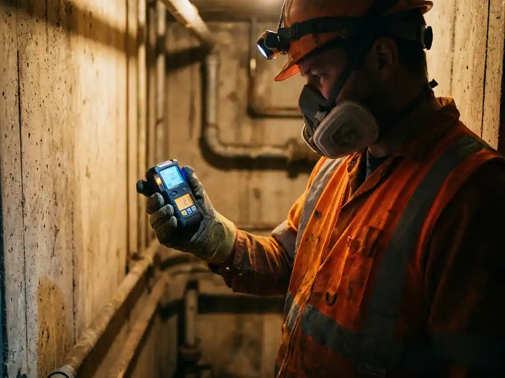 Veiligheidsinspecteur in oranje werkkleding onderzoekt gasdetectieapparaat in donkere industriële besloten ruimte