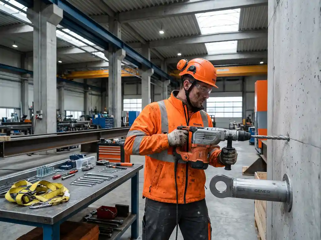 Veiligheidstechnicus in oranje werkkleding boort in betonnen muur voor installatie van stalen Genesi ankerpunt