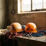 klimhelm-petzl-veiligheid-uitrusting-vergelijking.jpg Versleten oranje Petzl klimhelm naast nieuwe identieke helm op houten werkbank met klimtouwen en karabiners