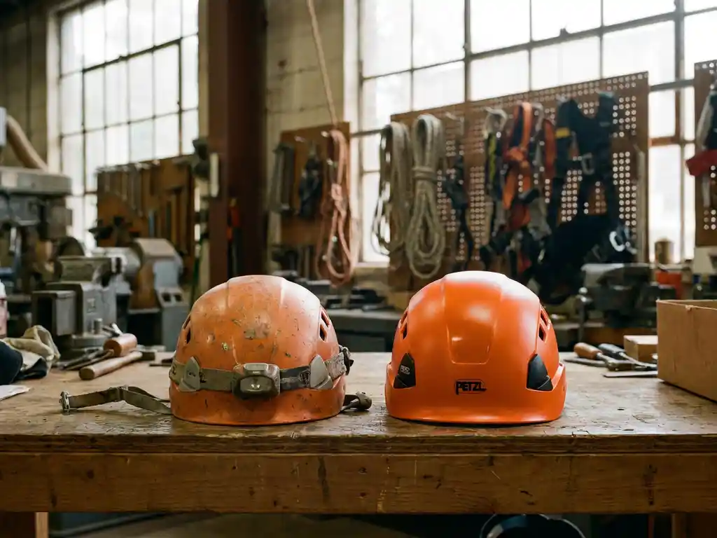 Versleten oranje Petzl klimhelm naast nieuwe identieke helm op houten werkbank in industriële werkplaats