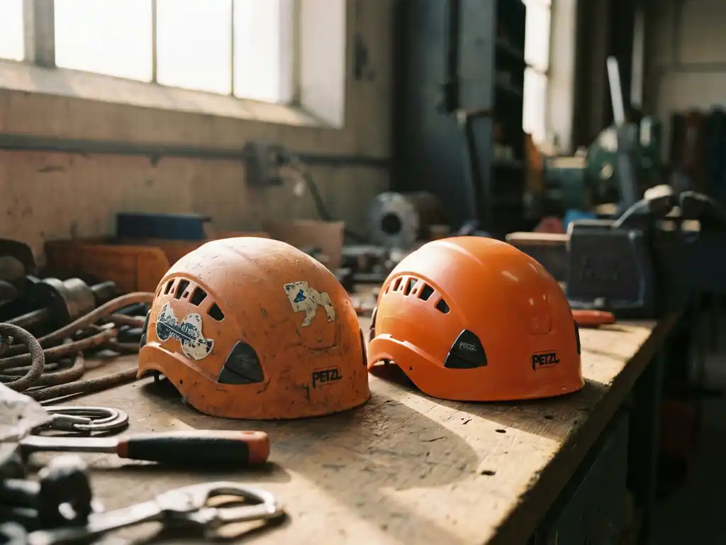 Versleten oranje Petzl klimhelm met slijtage naast nieuwe helm op houten werkbank in industriële werkplaats