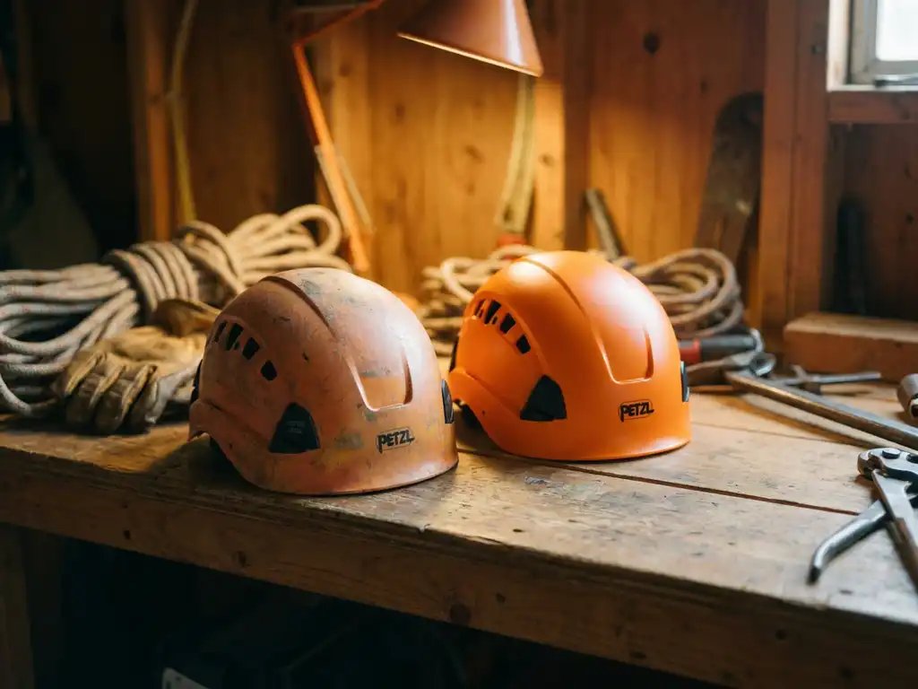 Versleten oranje Petzl klimhelm naast nieuwe helm op houten werkbank, veiligheidsuitrusting en touwen op achtergrond