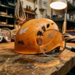 Oranje Petzl klimhelm met vergrootglas over fabricagedatum op houten werkbank in industriële werkplaats