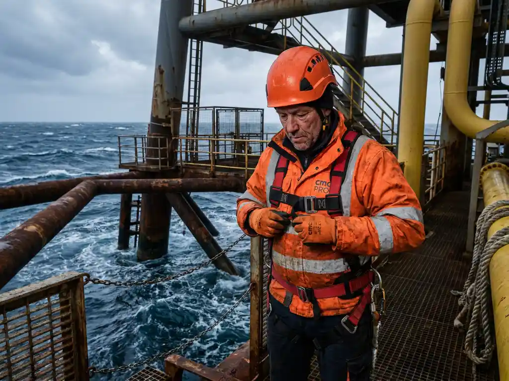 Offshore werker in oranje veiligheidskleding past CMC Pro valbeveiliging harnas aan op olieplatform boven Noordzee