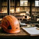 veiligheidshelm-inspectie-checklist-werkplaats-petzl.jpg Oranje Petzl veiligheidshelm met slijtage naast inspectiechecklist op houten werkbank in industriële werkplaats
