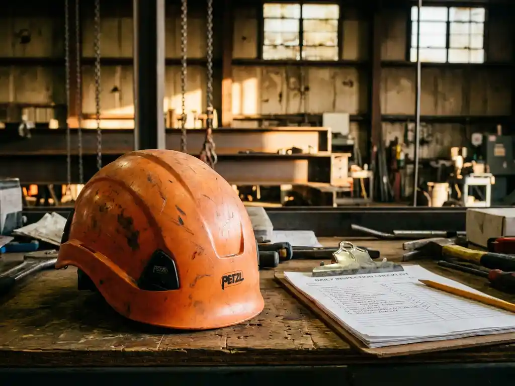 Oranje Petzl veiligheidshelm met slijtage naast inspectiechecklist op houten werkbank in industriële werkplaats