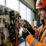 redding-specialist-cmc-afdaaltoestel-inspectie-veiligheidsuitrusting.jpg Reddingsspecialist in oranje veiligheidspak inspecteert roestvrijstalen CMC-afdaaltoestel in professionele werkplaats